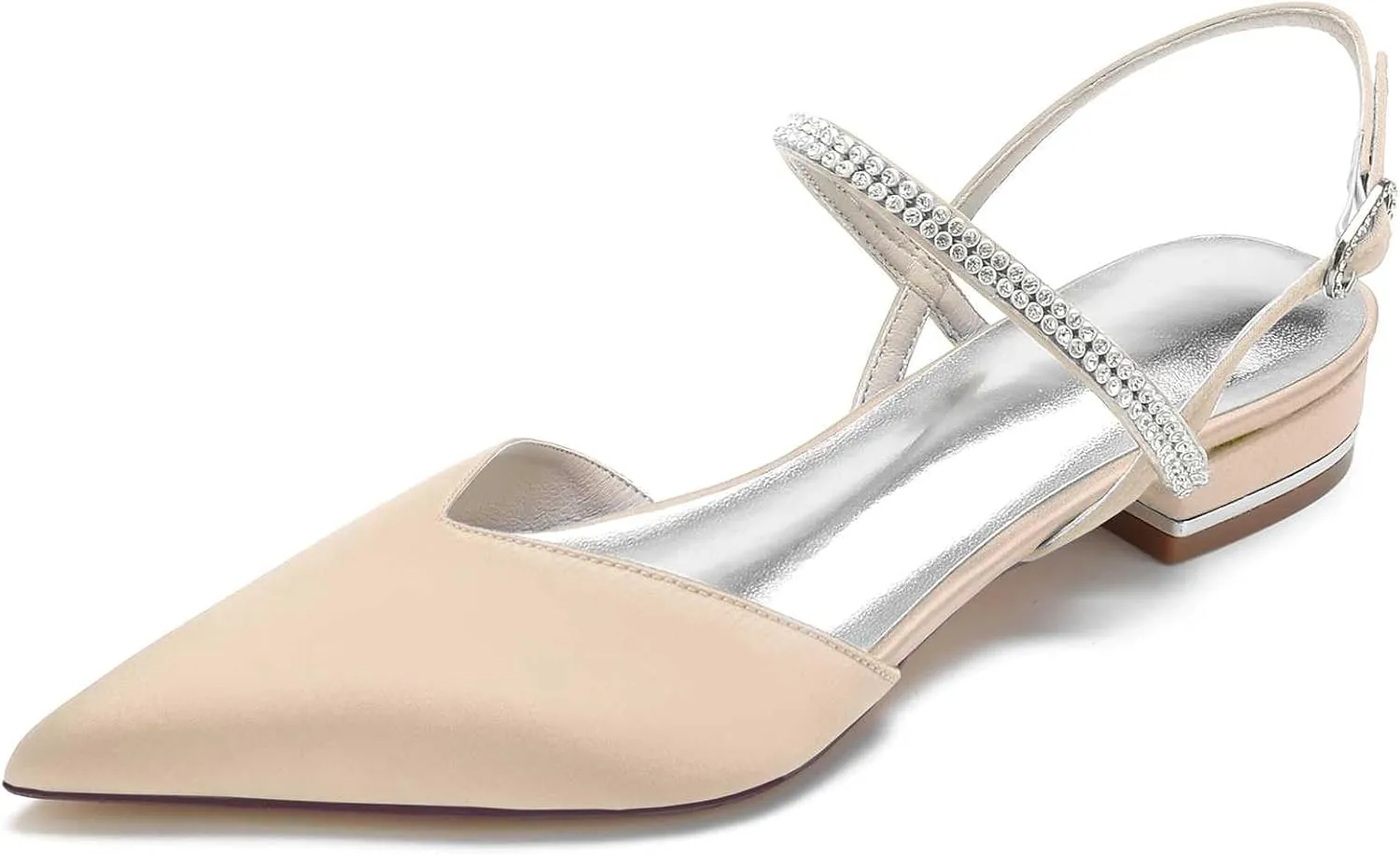 Women's Pointed Toe Crystal Wedding Flats for Bride Comfortable Satin White Wedding Shoes Low Heels Ankle Strap Bridal Flats Evening Prom Party Dress Shoes Pumps