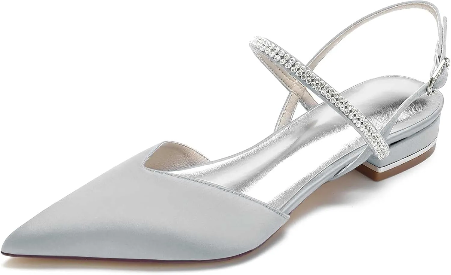 Women's Pointed Toe Crystal Wedding Flats for Bride Comfortable Satin White Wedding Shoes Low Heels Ankle Strap Bridal Flats Evening Prom Party Dress Shoes Pumps