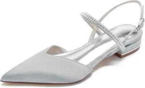 Women's Pointed Toe Crystal Wedding Flats for Bride Comfortable Satin White Wedding Shoes Low Heels Ankle Strap Bridal Flats Evening Prom Party Dress Shoes Pumps