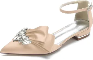 Women's Pointed Toe Flats Bridal Pumps Cryatal Satin Wedding Flats for Bride Prom Evening Bridal Party Dress Flats