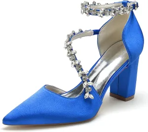 Women's Pointed Toe Satin Block Heels Wedding Shoes for Bride High Heels Rhinestones White Heels Ankle Strap Bridal Shoes Evening Party Dress Shoes Pumps 22014-102F
