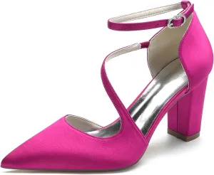 Women's Pointed Toe Satin Chunky Block High Heels Wedding Sandals Ankle Strap Dress Shoes Prom Party Pumps