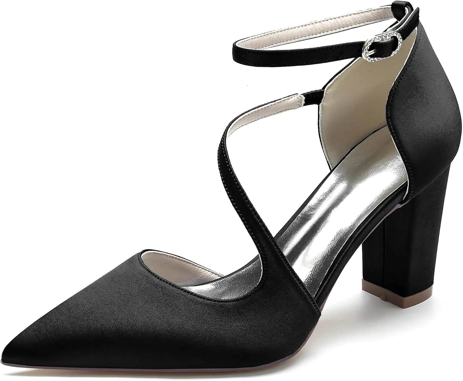 Women's Pointed Toe Satin Chunky Block High Heels Wedding Sandals Ankle Strap Dress Shoes Prom Party Pumps