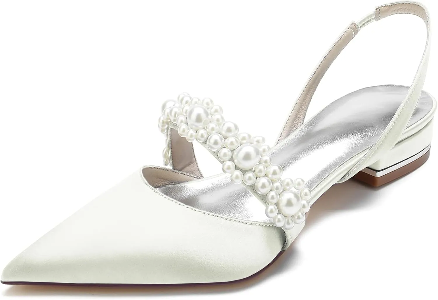 Women's Pointed Toe Satin Pearl Wedding Flats for Bride Comfortable White Bridal Shoes with Ankle Strap Prom Party Shoes Pumps
