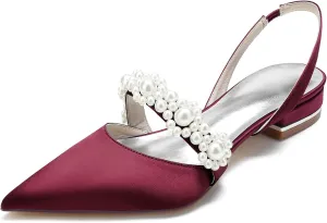 Women's Pointed Toe Satin Pearl Wedding Flats for Bride Comfortable White Bridal Shoes with Ankle Strap Prom Party Shoes Pumps