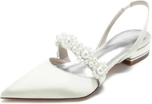 Women's Pointed Toe Satin Pearl Wedding Flats for Bride Comfortable White Bridal Shoes with Ankle Strap Prom Party Shoes Pumps