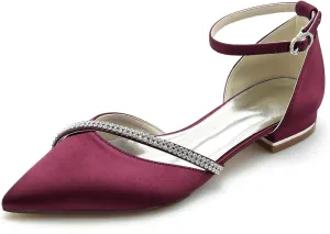 Women's Pointed Toe Satin Pumps Wedding Flats for Bride Crystal Bridal Shoes Prom Evening Bridal Party Dress Flats