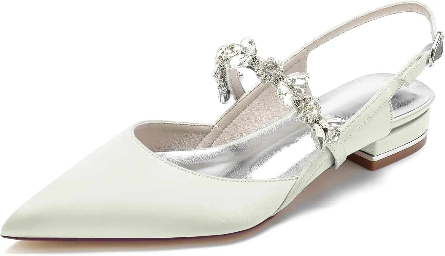 Women's Pointed Toe Satin Wedding Flats for Bride Comfortable Rhinestones Bridal Shoes Formal Closed Toe Slingback Flats Ballet Flats Ivory Size 9