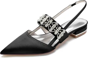 Womens Pointed Toe Wedding Flats Crystal Slingback Satin Prom Evening Bridal Party Dress Flats