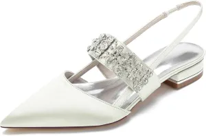 Womens Pointed Toe Wedding Flats Crystal Slingback Satin Prom Evening Bridal Party Dress Flats