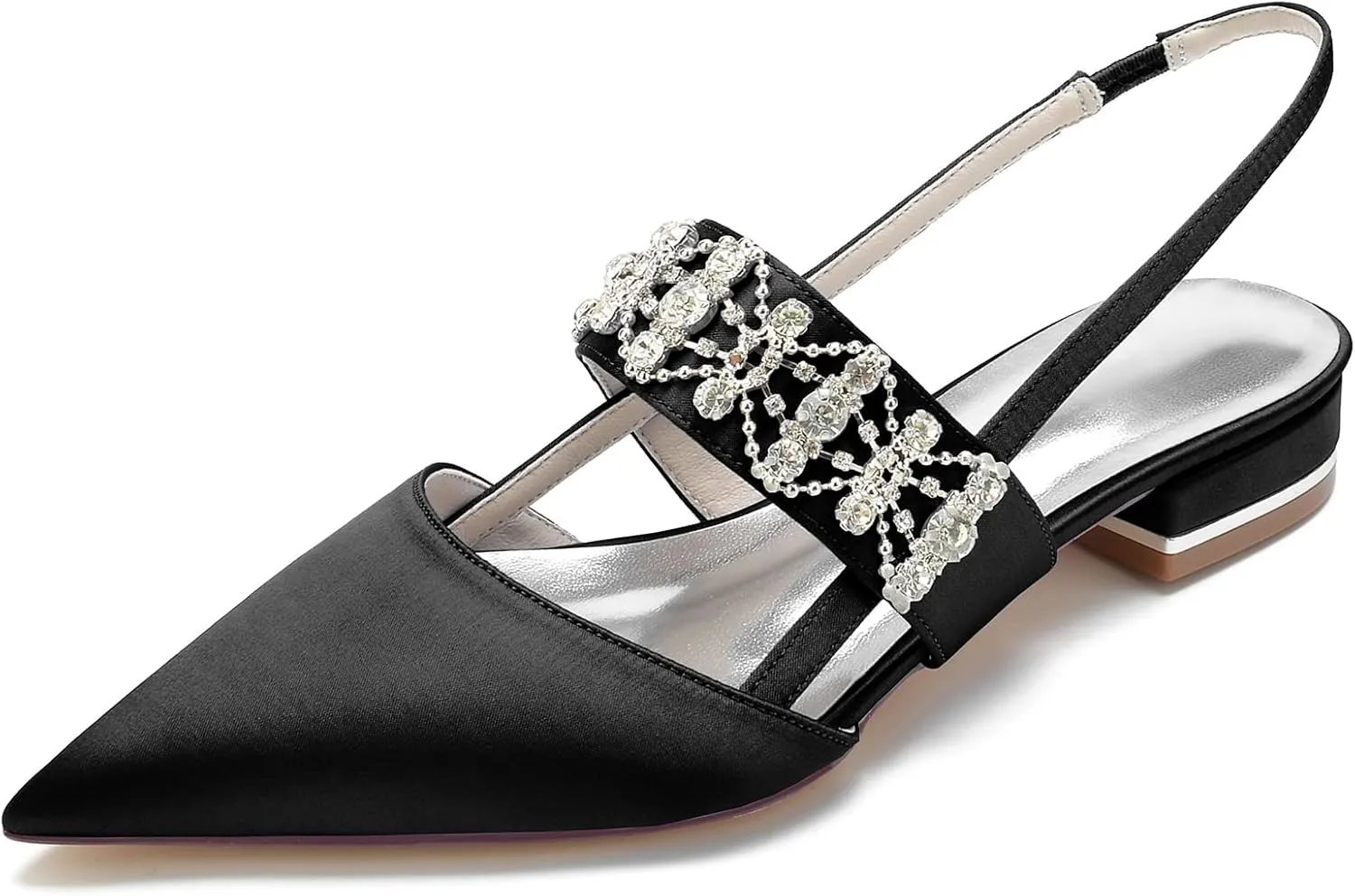 Womens Pointed Toe Wedding Flats Crystal Slingback Satin Prom Evening Bridal Party Dress Flats