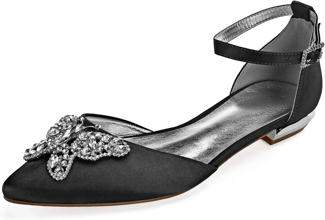 Women's Pointed Toe Wedding Flats for Bride Buckle Satin Wedding Bridal Shoes Formal Prom Party Dress Pumps