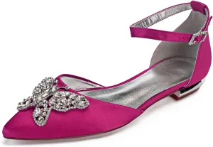 Women's Pointed Toe Wedding Flats for Bride Buckle Satin Wedding Bridal Shoes Formal Prom Party Dress Pumps