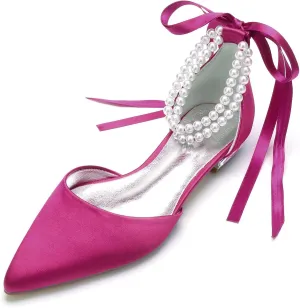 Women's Pointed Toe Wedding Flats for Bride Pearl Ankle Strap Satin Bridal Shoes Formal Prom Party Dress Pumps