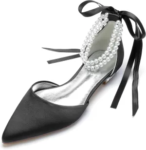 Women's Pointed Toe Wedding Flats for Bride Pearl Ankle Strap Satin Bridal Shoes Formal Prom Party Dress Pumps