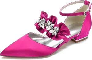 Women's Pointed Toe Wedding Flats Pumps for Bride Satin Rhinestones Ankle Strap Low Heels Evening Prom Dress Shoes