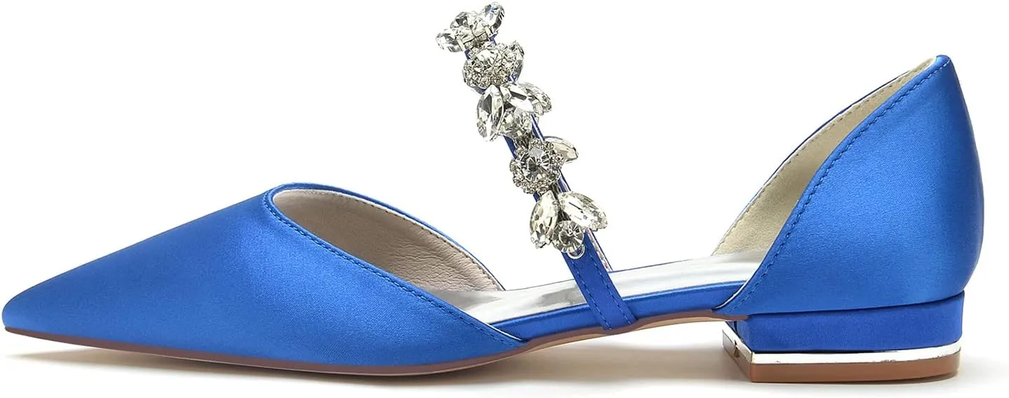 Women's Pointed Toe Wedding Shoes Bridal Flats for Bride Satin Rhinestones Bridesmaid Shoes Prom Dressy Flats