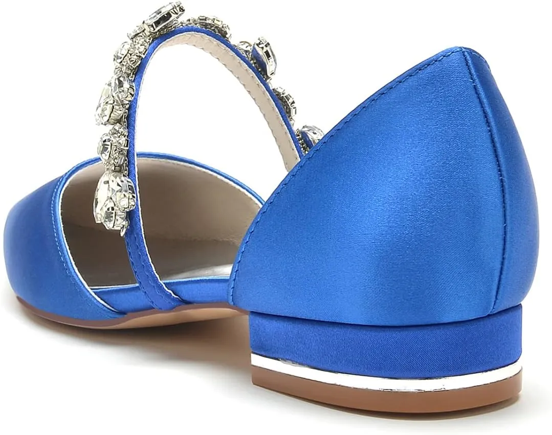 Women's Pointed Toe Wedding Shoes Bridal Flats for Bride Satin Rhinestones Bridesmaid Shoes Prom Dressy Flats