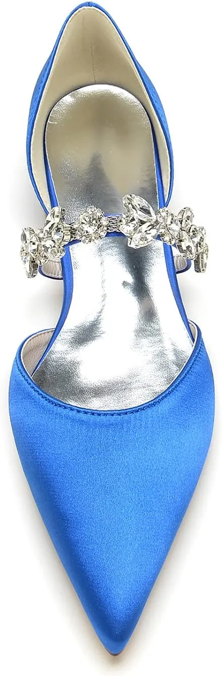 Women's Pointed Toe Wedding Shoes Bridal Flats for Bride Satin Rhinestones Bridesmaid Shoes Prom Dressy Flats