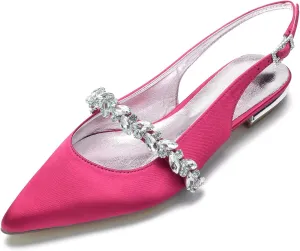 Women's Pointed Toe Wedding Shoes for Women Bridal Flats for Women Rhinestone Slingback Satin Bridal Shoes Dressy Flats