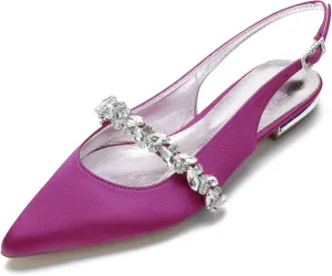Women's Pointed Toe Wedding Shoes for Women Bridal Flats for Women Rhinestone Slingback Satin Bridal Shoes Dressy Flats