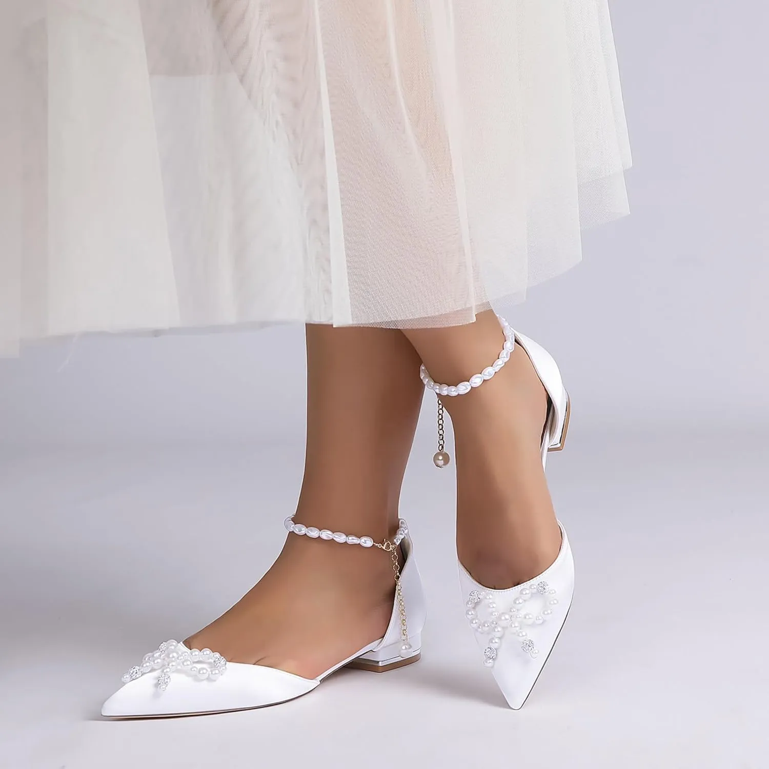 Women's Pointed Toe Wedding Shoes Satin Bride Flats Pearl Evening Prom Party Dress Flats Shoes 2.5Cm