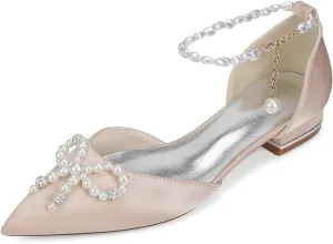 Women's Pointed Toe Wedding Shoes Satin Bride Flats Pearl Evening Prom Party Dress Flats Shoes 2.5Cm