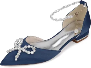 Women's Pointed Toe Wedding Shoes Satin Bride Flats Pearl Evening Prom Party Dress Flats Shoes 2.5Cm