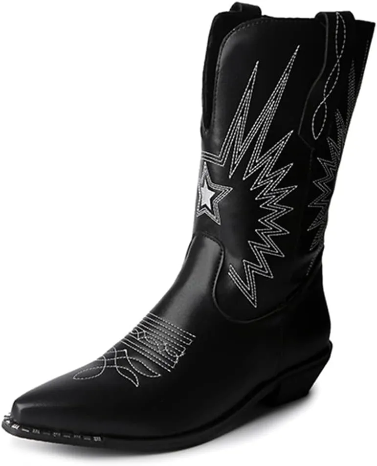 Women's Pointed Toe Western Cowboy Mid Calf Ankle Boots Pull On Low Heel Wide Calf Dressy Riding Boot