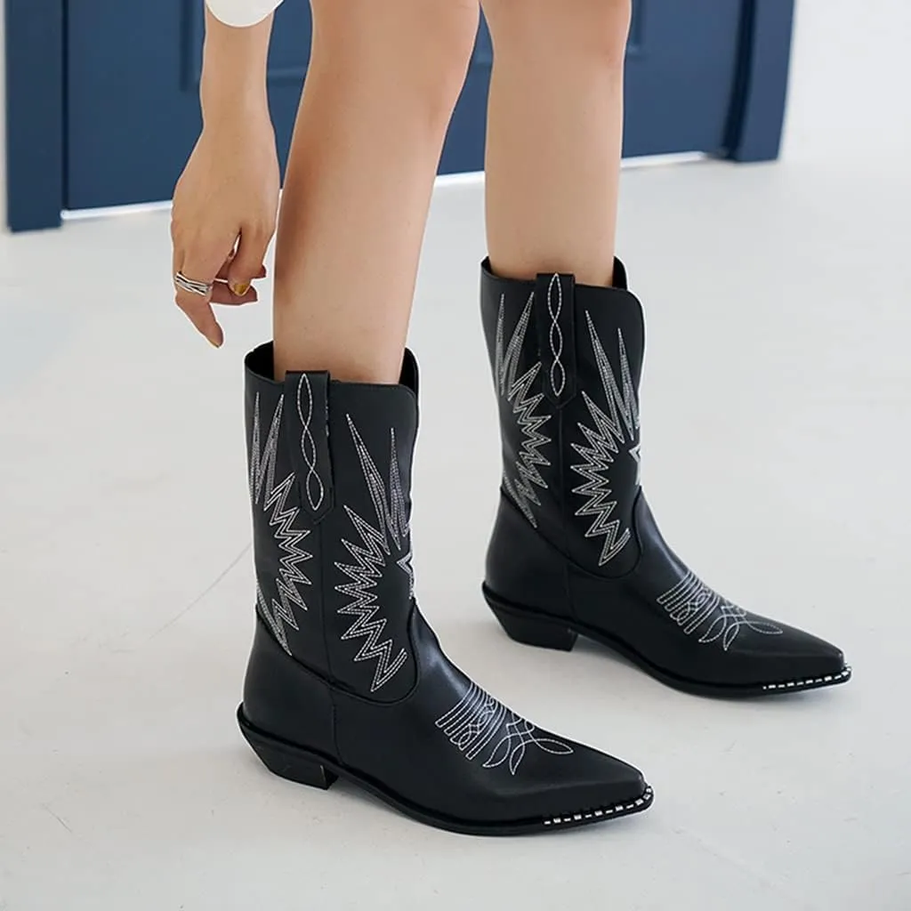 Women's Pointed Toe Western Cowboy Mid Calf Ankle Boots Pull On Low Heel Wide Calf Dressy Riding Boot