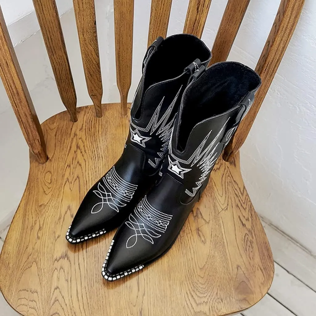 Women's Pointed Toe Western Cowboy Mid Calf Ankle Boots Pull On Low Heel Wide Calf Dressy Riding Boot