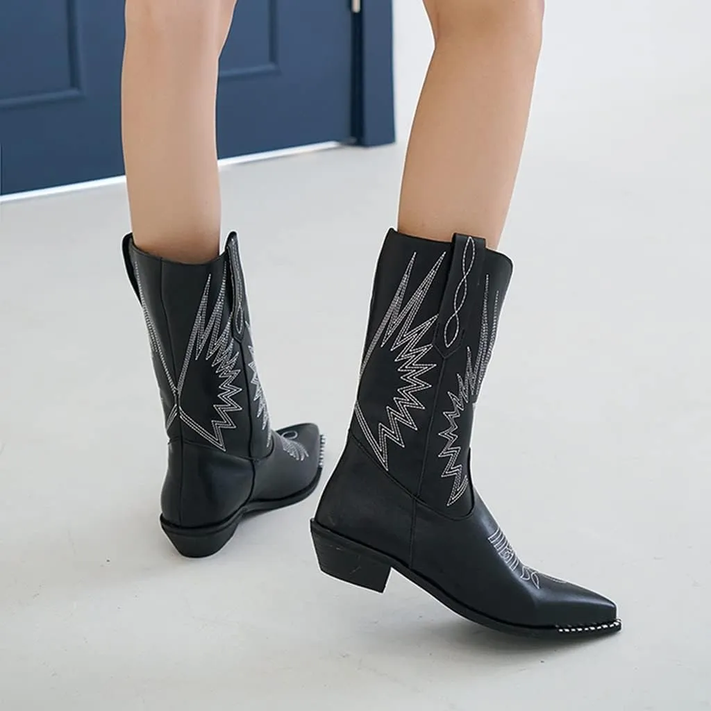 Women's Pointed Toe Western Cowboy Mid Calf Ankle Boots Pull On Low Heel Wide Calf Dressy Riding Boot