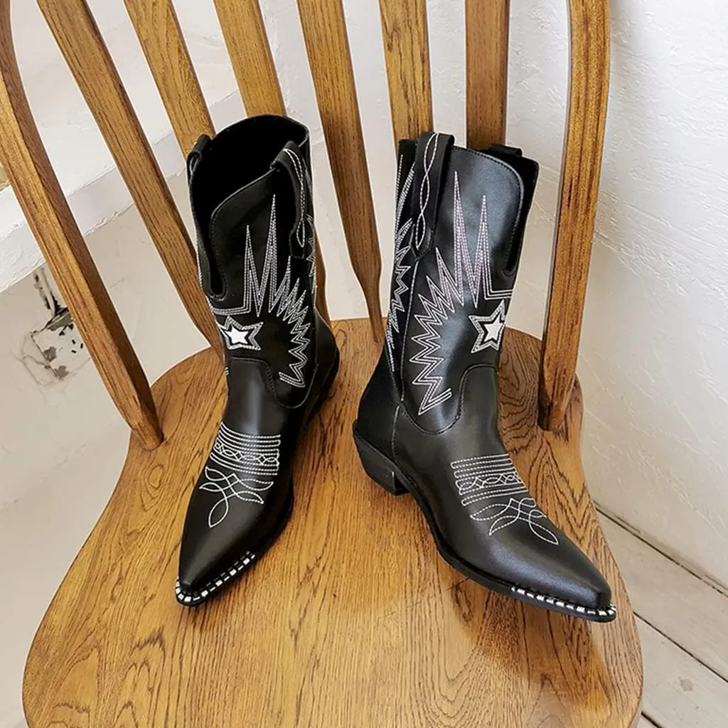 Women's Pointed Toe Western Cowboy Mid Calf Ankle Boots Pull On Low Heel Wide Calf Dressy Riding Boot