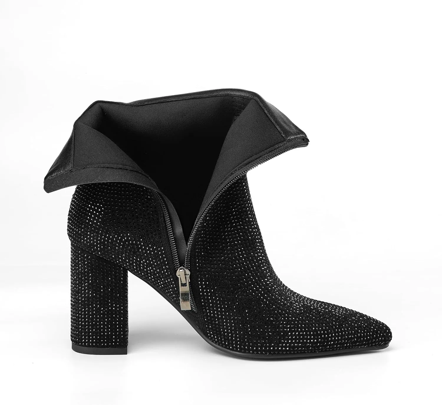 Women's Rhinestone Bling Chunky Heel Ankle Boots Fashion Sparkly Pointed Toe Suede Size Zipper Heeled Booties