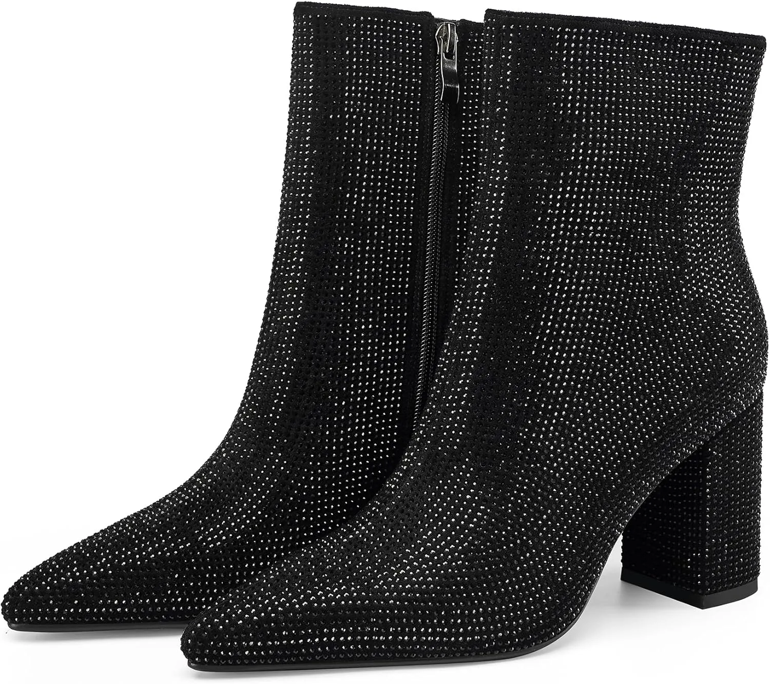 Women's Rhinestone Bling Chunky Heel Ankle Boots Fashion Sparkly Pointed Toe Suede Size Zipper Heeled Booties