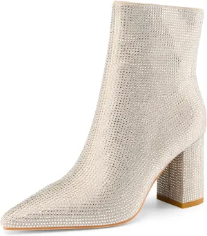Women's Rhinestone Bling Chunky Heel Ankle Boots Fashion Sparkly Pointed Toe Suede Size Zipper Heeled Booties
