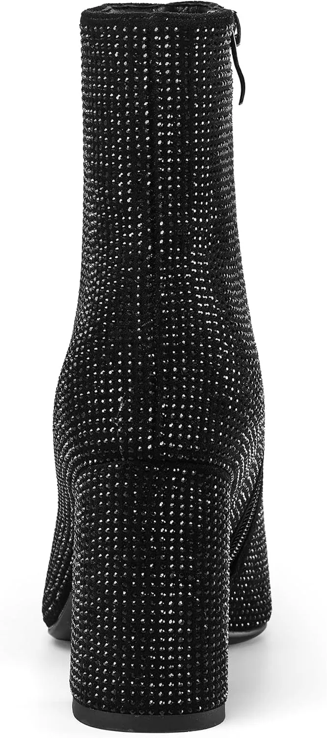 Women's Rhinestone Bling Chunky Heel Ankle Boots Fashion Sparkly Pointed Toe Suede Size Zipper Heeled Booties