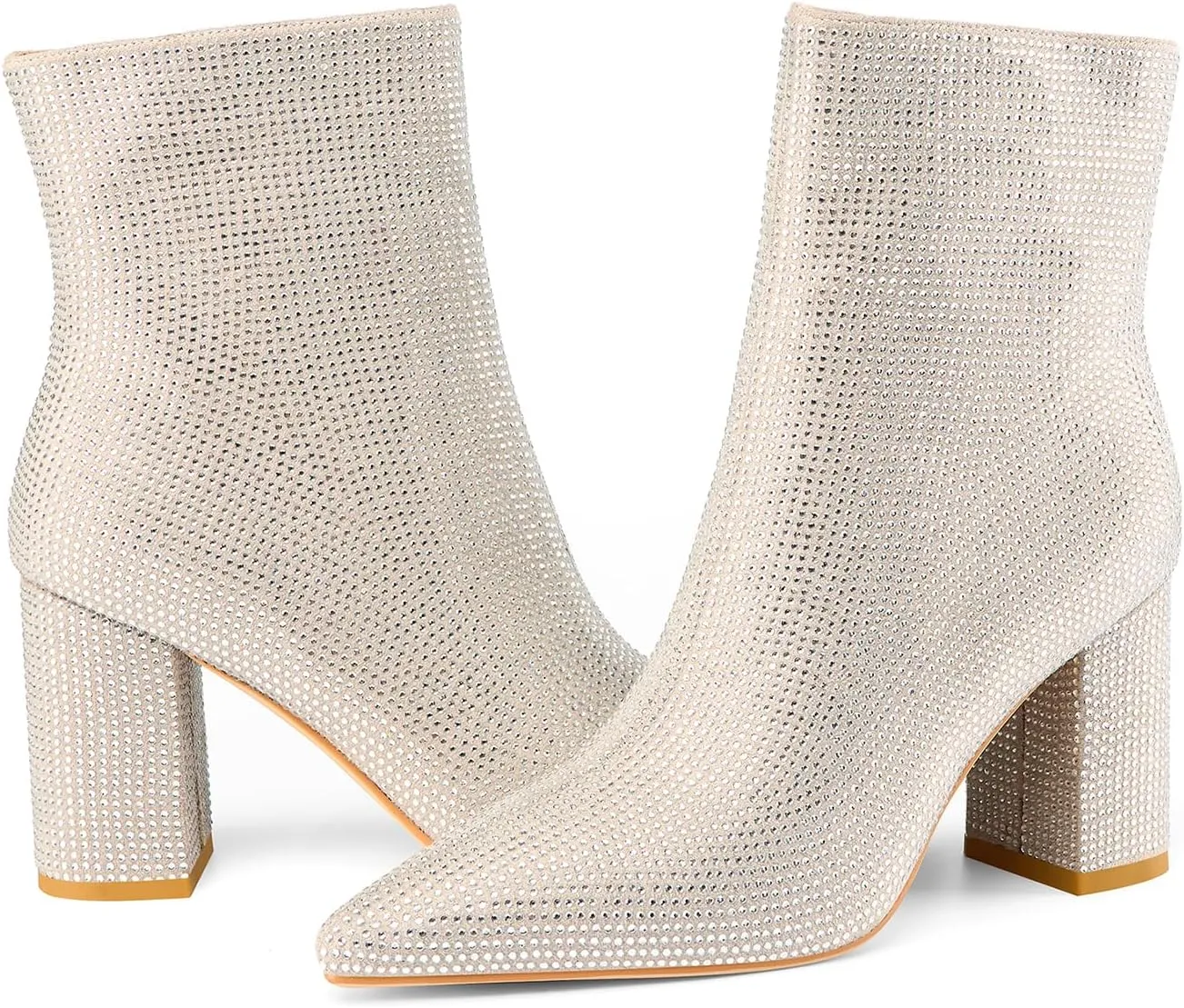 Women's Rhinestone Bling Chunky Heel Ankle Boots Fashion Sparkly Pointed Toe Suede Size Zipper Heeled Booties