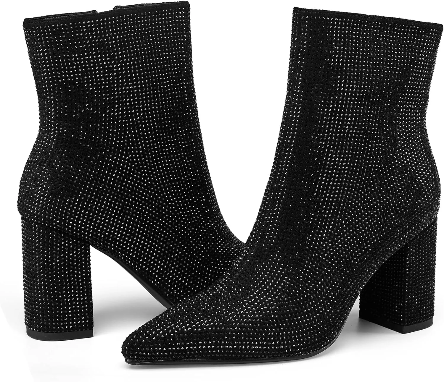 Women's Rhinestone Bling Chunky Heel Ankle Boots Fashion Sparkly Pointed Toe Suede Size Zipper Heeled Booties