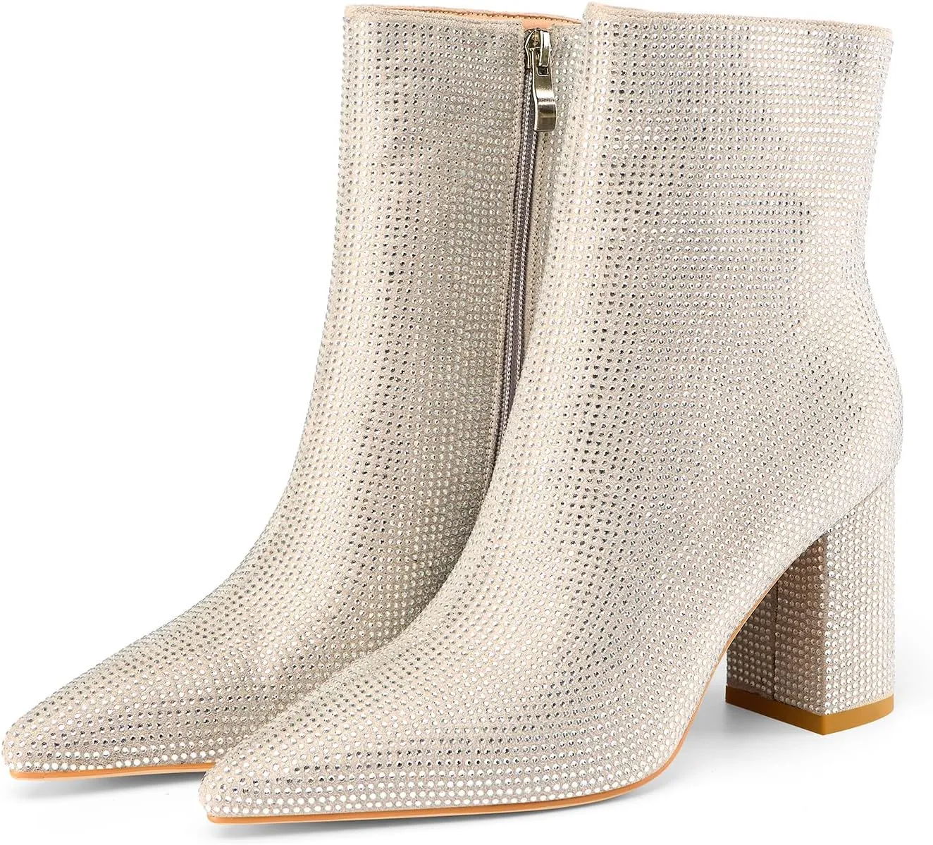 Women's Rhinestone Bling Chunky Heel Ankle Boots Fashion Sparkly Pointed Toe Suede Size Zipper Heeled Booties