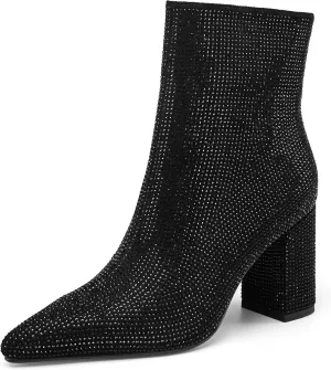 Women's Rhinestone Bling Chunky Heel Ankle Boots Fashion Sparkly Pointed Toe Suede Size Zipper Heeled Booties