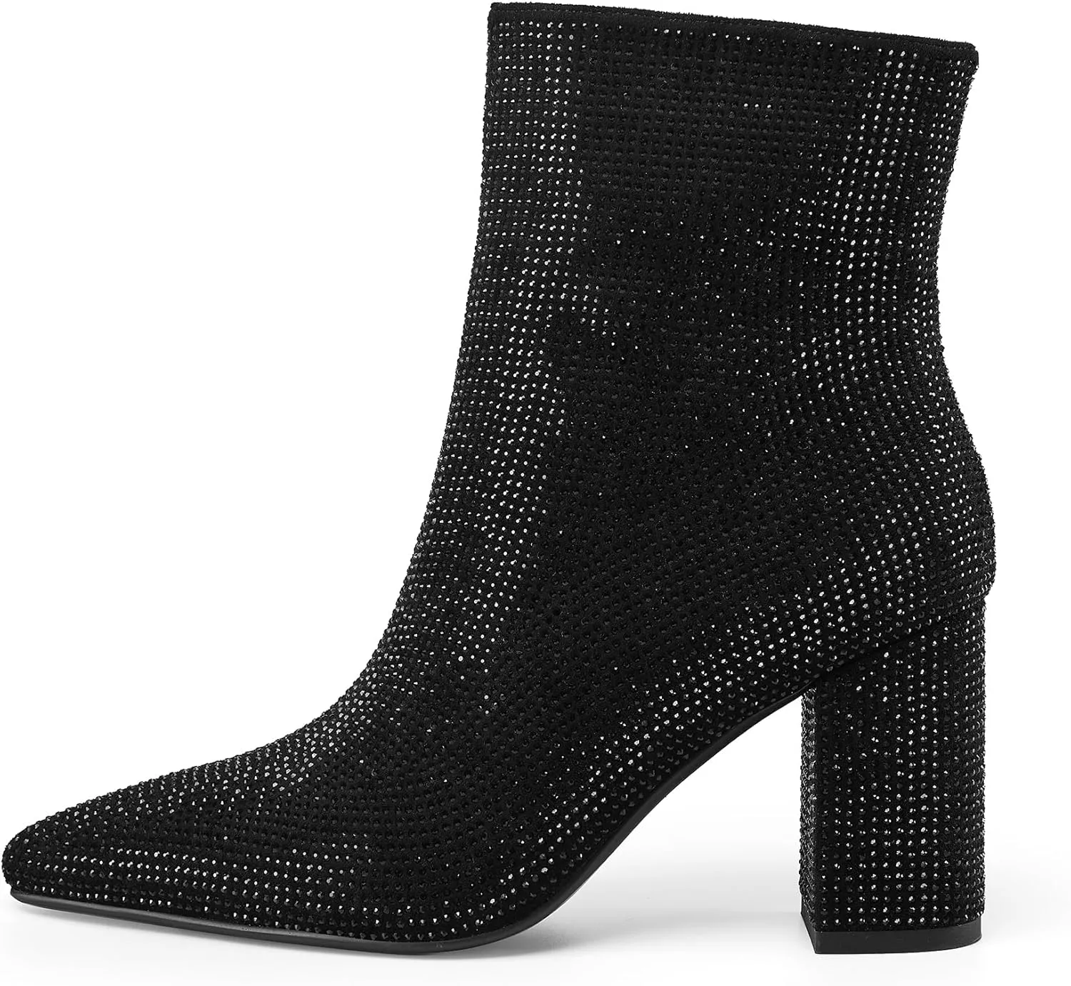 Women's Rhinestone Bling Chunky Heel Ankle Boots Fashion Sparkly Pointed Toe Suede Size Zipper Heeled Booties