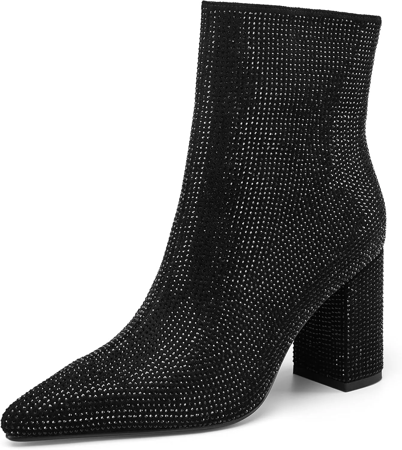 Women's Rhinestone Bling Chunky Heel Ankle Boots Fashion Sparkly Pointed Toe Suede Size Zipper Heeled Booties