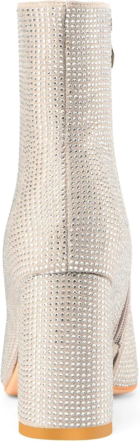 Women's Rhinestone Bling Chunky Heel Ankle Boots Fashion Sparkly Pointed Toe Suede Size Zipper Heeled Booties