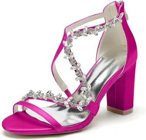 Women's Rhinestone Open Toe Satin Block Chunky Wedding Heels for Bride Ankle Strap High Heel Pumps Evening Party Dress Shoes Sandals