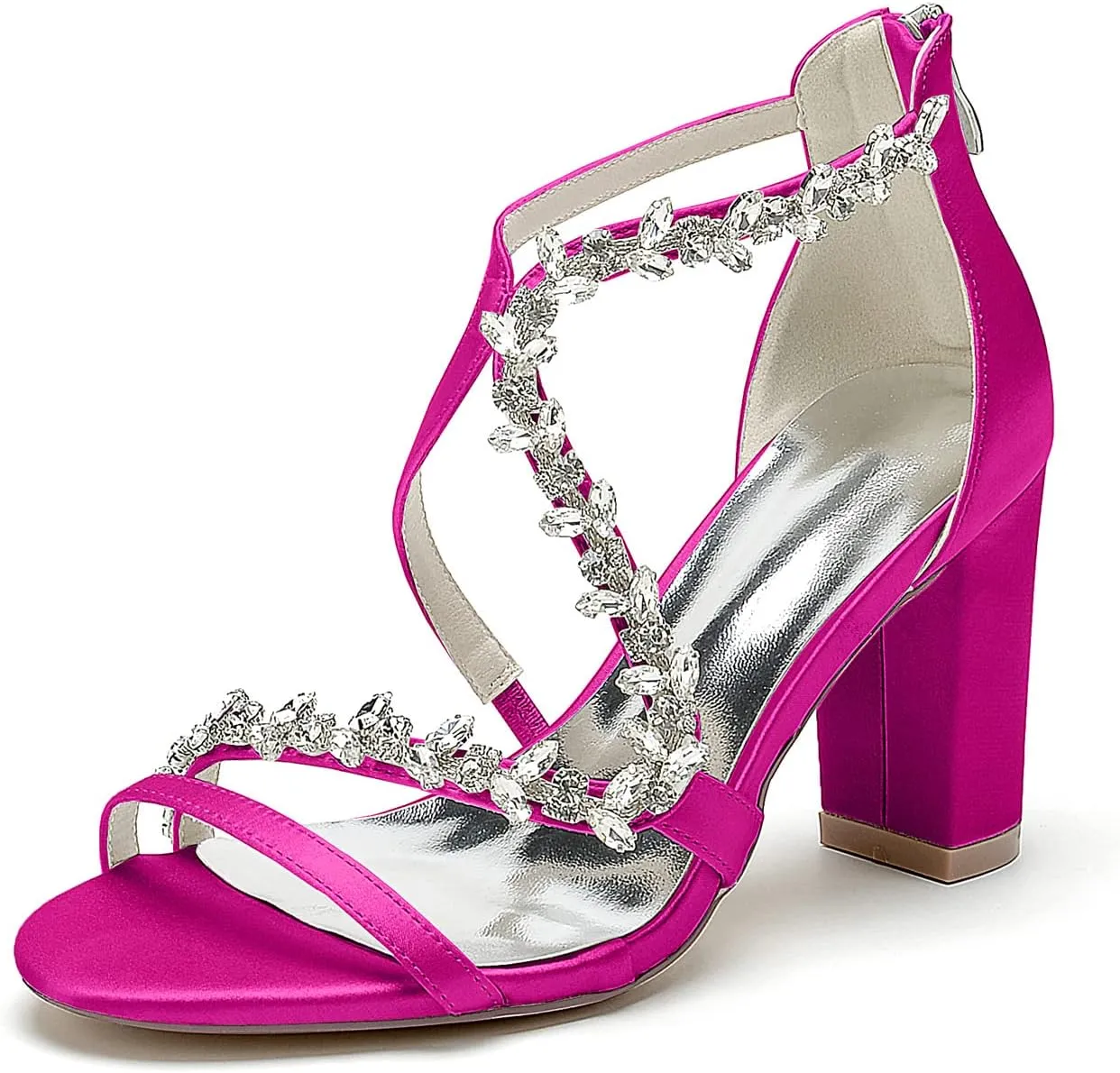 Women's Rhinestone Open Toe Satin Block Chunky Wedding Heels for Bride Ankle Strap High Heel Pumps Evening Party Dress Shoes Sandals