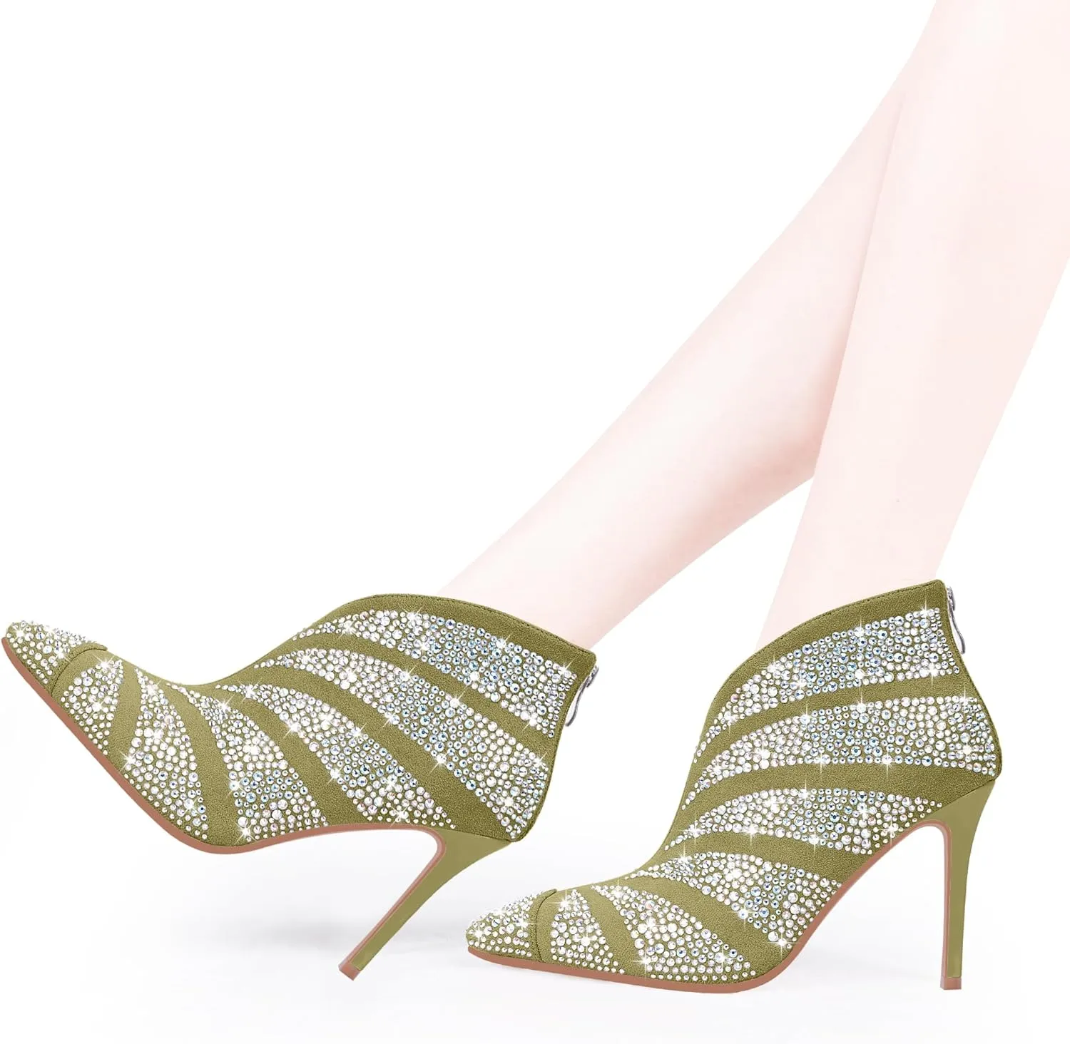 Women's Rhinestone Pointed Toe Stiletto High Heel Ankle Boots Suede Dress Booties