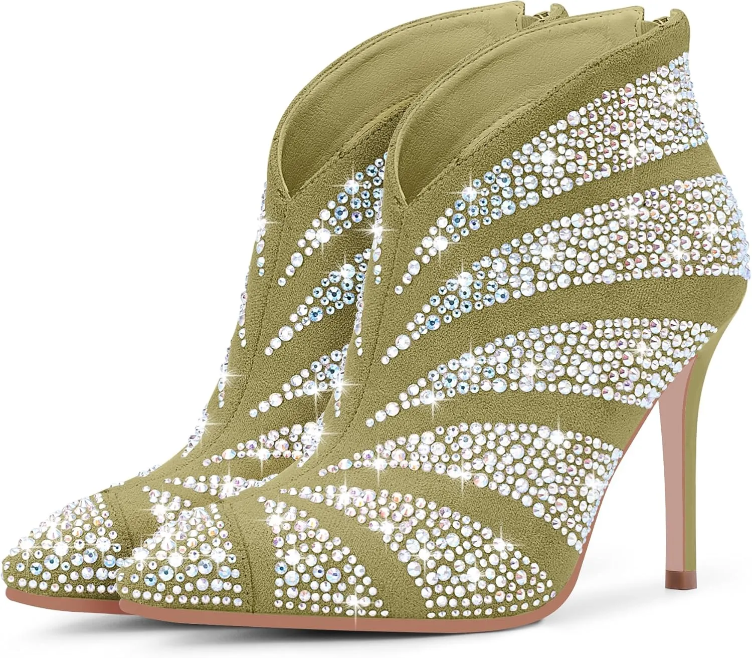 Women's Rhinestone Pointed Toe Stiletto High Heel Ankle Boots Suede Dress Booties