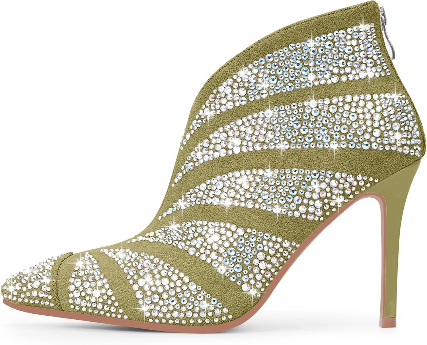 Women's Rhinestone Pointed Toe Stiletto High Heel Ankle Boots Suede Dress Booties