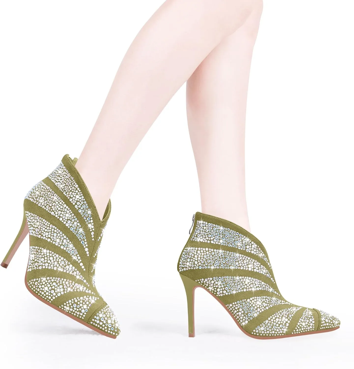 Women's Rhinestone Pointed Toe Stiletto High Heel Ankle Boots Suede Dress Booties